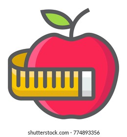 Apple with measuring tape filled outline icon, fitness and sport, diet sign vector graphics, a colorful line pattern on a white background, eps 10.