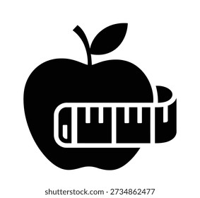 Apple and measuring tape icon. eat healthy fruit vegetable to weight loss and being slim fit by measuring tape scale meter sign. apple diet calorie ruler tape symbol vector See Less. 