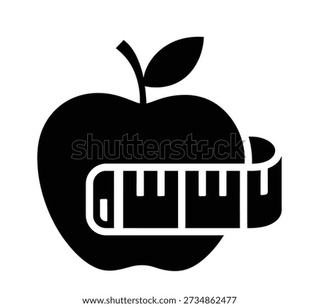 Apple and measuring tape icon. eat healthy fruit vegetable to weight loss and being slim fit by measuring tape scale meter sign. apple diet calorie ruler tape symbol vector See Less. 