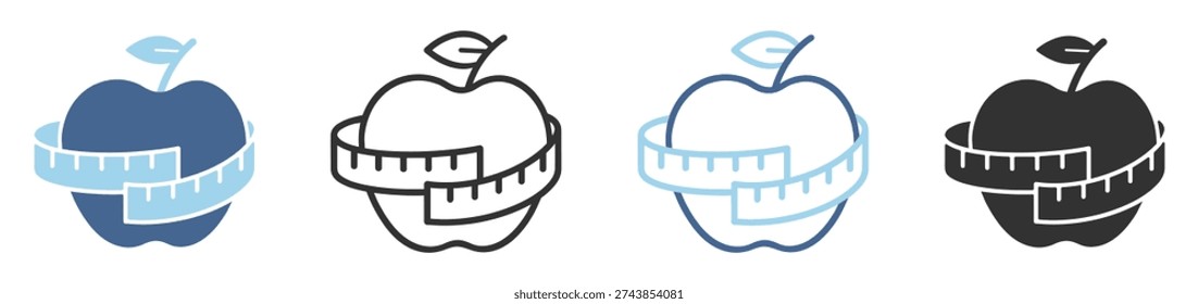 Apple with measuring tape icon, healthy diet nutrition weight loss fitness symbol vector illustration isolated on transparent background
