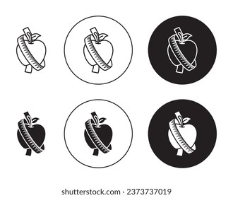Apple y conjunto de iconos de cinta de medida. símbolo vector de dieta de pérdida de peso en negro relleno y delineado