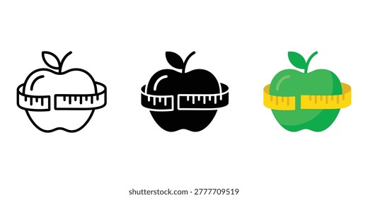 Apple with measuring tape icons representing dieting healthy eating and weight loss concept vector illustration