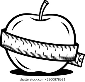 Apple with Measuring Tape Line Art Illustration Diet and Weight Loss Concept