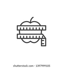Apple with measuring tape line icon. linear style sign for mobile concept and web design. Weight loss outline vector icon. Diet symbol, logo illustration. Pixel perfect vector graphics