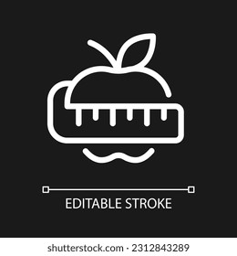 Apple and measuring tape pixel perfect white linear ui icon for dark theme. Weight loss. Diet. Vector line pictogram. Isolated user interface symbol for night mode. Editable stroke. Arial font used