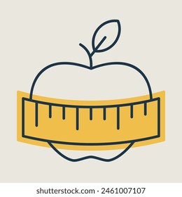 Apple with measuring tape vector icon. Graph symbol for fitness and weight loss web site and apps design, logo, app, UI