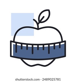 Apple with measuring tape vector icon. Graph symbol for fitness and weight loss web site and apps design, logo, app, UI