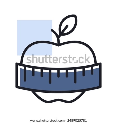 Apple with measuring tape vector icon. Graph symbol for fitness and weight loss web site and apps design, logo, app, UI