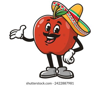 Apple with Mexican hat sombrero cartoon mascot illustration character vector clip art hand drawn