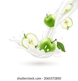 Apple milk with green apple and milk yogurt splashing isolated on white background. Exercises and eat healthy food. Health concept. Realistic 3d vector illustration.