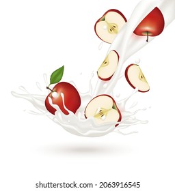 Apple milk with red apple and milk yogurt splashing isolated on white background. Exercises and eat healthy food. Health concept. Realistic 3d vector illustration.