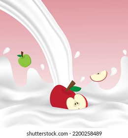 Apple milk splash with white splashing liquid. Pouring apple milk on red background. Fruit drink and organic dairy free vegan milk. Creative design vector illustration with empty space.