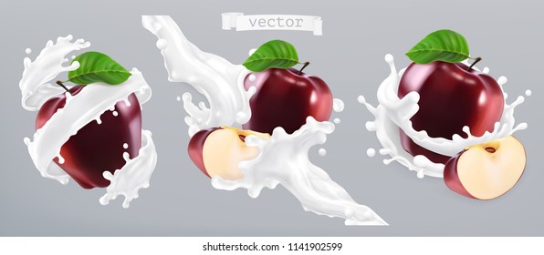 Apple and milk splash, yogurt. 3d realistic vector icon