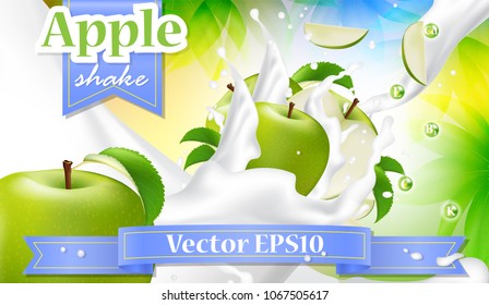 Apple milk vector realistic banner. Promo poster for advertising. 3d concept template for dairy product. Apple slices falling into the milk yogurt splash. Shake.