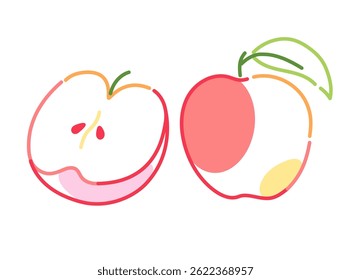 Frutos de maçã desenhados em estilo linear minimalista com sementes e segmentos coloridos. Ilustração vetorial plana de alimentos saudáveis