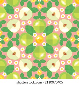 Apfel, moderner Hintergrund. Gartenfrucht geometrisches Mosaikmuster. Symmetrische dekorative Ornamente mit ganz und halb grünen Äpfeln, Blättern und Blumen