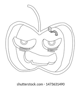An apple monster with a frustrated facial expression with a disgruntled worm.