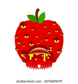 Apple monster GMO mutant. Angry fruit with teeth. Hungry Alien Food vector illustration
