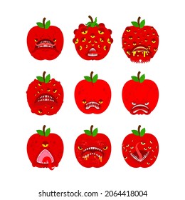 Apple monster GMO mutant set. Angry fruit with teeth. Hungry Alien Food vector illustration
