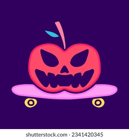 Apple monster riding skateboard, illustration for t-shirt, sticker, or apparel merchandise. With doodle, retro, and cartoon style.
