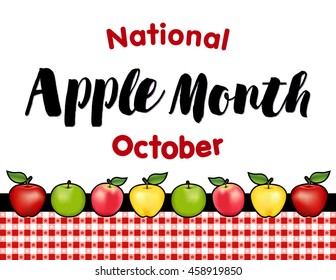 Apple Month, National Holiday Each October In USA, Red And Golden Delicious, Green Granny Smith And Pink Apple Fruits, Red Gingham Check Tablecloth Background.