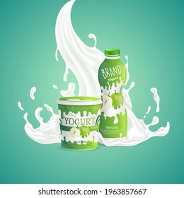 Apple natural creamy yogurt packaging design with splashing of milk swirl. Tasty natural food vector cartoon illustration isolated on green background. Beverage advertising design.