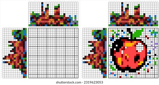 Apple Nonogram Pixel Art, Edible Fruit, Food Vector Art Illustration, Logic Puzzle Game Griddlers, Pic-A-Pix, Picture Paint By Numbers, Picross