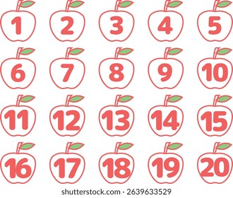 Apple number icon set, numbers up to 20, line drawing, red, vector illustration