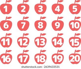 Apple number icon set, numbers up to 20, red, vector illustration