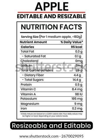  Apple Nutrition Facts, Apple Nutrition Label,Editable Nutrition fact Templete, Editable Nutrition Label, Apple Nutritional Information, Apple Calories,
