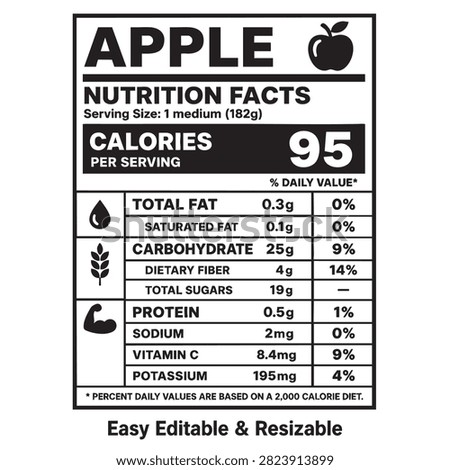 apple nutrition facts vector label template design with editable elements
