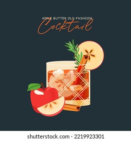 Apple old fashion cocktail with rosemary and spice vector on dark background. Autumn alcohol drink flat illustration