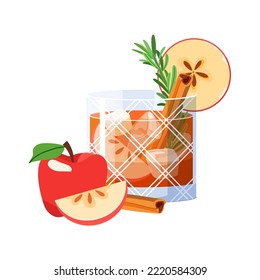 Apple old fashioned cocktail with rosemary and spice vector isolated on white background. Autumn alcohol drink flat illustration