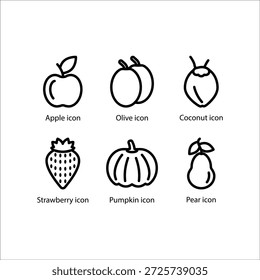 Manzana, oliva, coco, fresa, calabaza, pera, icono