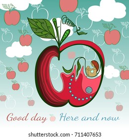 Apple on a background of blue sky with clouds and the other apples in the distance