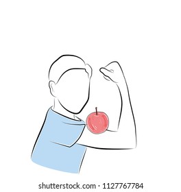 apple on the bicep in the boy. concept of healthy eating. vector illustration.