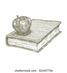 Apple on book drawing, school concept. Ink illustration of an apple on a book. Symbol for education and knowledge.