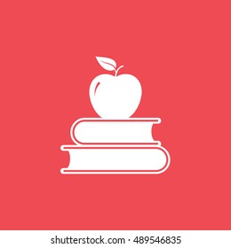 Apple On Book Flat Icon On Red Background