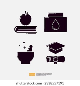 Apple on the book, ink bottle, naturopathic medicine, graduating hat and certificate. knowledge and education icon. science and school vector illustration