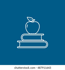 Apple On Book Line Icon On Blue Background