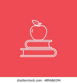 Apple On Book Line Icon On Red Background