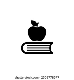 Apple en el libro, un simple ícono de Vector blanco y negro que simboliza la educación y el aprendizaje.