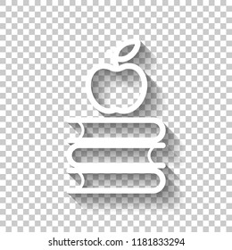 Apple on books icon. Knowledge logo. White icon with shadow on transparent background