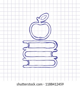 Apple on books icon. Knowledge logo. Hand drawn picture on paper sheet. Blue ink, outline sketch style. Doodle on checkered background