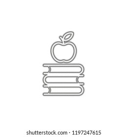 Apple on books icon. Knowledge logo. Dotted outline silhouette with shadow on white background