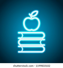 Apple on books icon. Knowledge logo. Neon style. Light decoration icon. Bright electric symbol