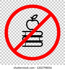 Apple on books icon. Knowledge logo. Not allowed, black object in red warning sign with transparent background