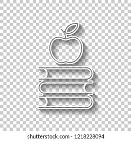 Apple on books icon. Knowledge logo. White outline sign with shadow on transparent background