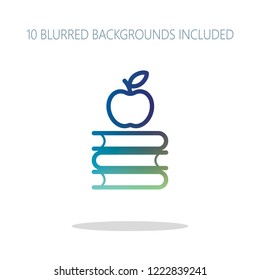 Apple on books icon. Knowledge logo. Colorful logo concept with simple shadow on white. 10 different blurred backgrounds included