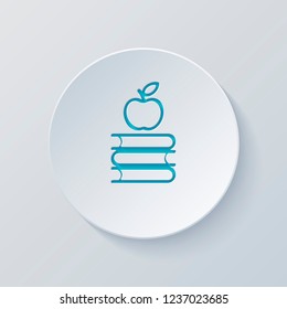Apple on books icon. Knowledge logo. Cut circle with gray and blue layers. Paper style